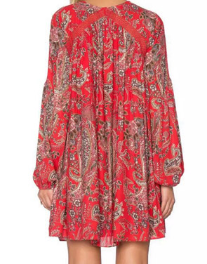 photo Casual Lace-Up Front Floral Printing Chiffon Dress by OASAP, color Red - Image 2