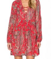 photo Casual Lace-Up Front Floral Printing Chiffon Dress by OASAP, color Red - Image 1