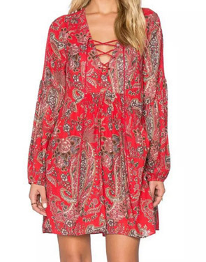 photo Casual Lace-Up Front Floral Printing Chiffon Dress by OASAP, color Red - Image 1