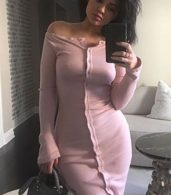 photo Casual Off The Shoulder Buttoned Long Sleeve Bodycon Dress by OASAP, color Pink - Image 5