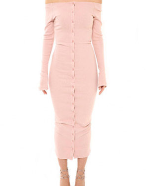 photo Casual Off The Shoulder Buttoned Long Sleeve Bodycon Dress by OASAP, color Pink - Image 1