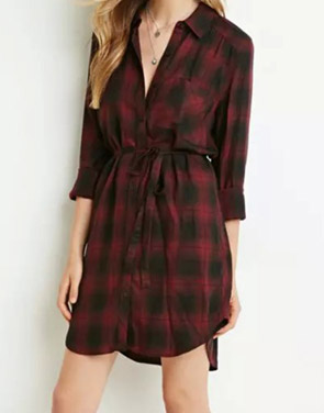 photo Casual Plaid Shirt Dress with Belt by OASAP, color Black Burgundy - Image 1
