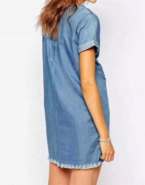 photo Casual Short Sleeve Embroidery Denim Shift Dress by OASAP, color Blue - Image 2