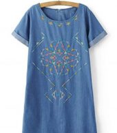 photo Casual Short Sleeve Embroidery Denim Shift Dress by OASAP, color Blue - Image 3