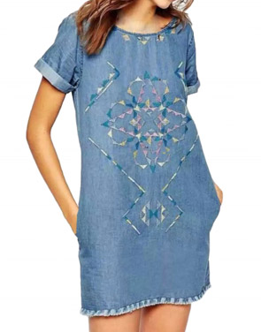 photo Casual Short Sleeve Embroidery Denim Shift Dress by OASAP, color Blue - Image 1