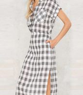 photo Casual Short Sleeve Plaid Pattern Side Slit Midi Dress by OASAP, color Multi - Image 2