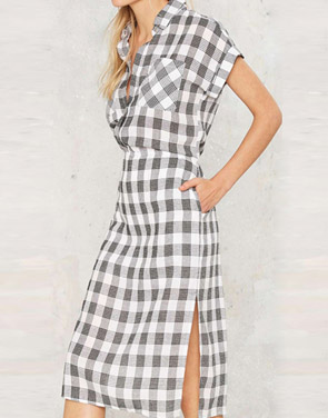 photo Casual Short Sleeve Plaid Pattern Side Slit Midi Dress by OASAP, color Multi - Image 2