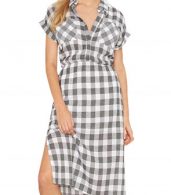 photo Casual Short Sleeve Plaid Pattern Side Slit Midi Dress by OASAP, color Multi - Image 1