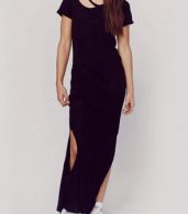photo Casual Solid Color Short Sleeve Side Split Maxi Dress by OASAP, color Black - Image 4