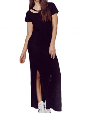 photo Casual Solid Color Short Sleeve Side Split Maxi Dress by OASAP, color Black - Image 1