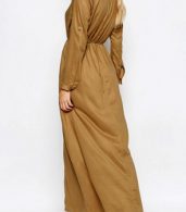 photo Casual Solid Long Sleeve Slit Belted Maxi Dress by OASAP, color Brown - Image 2