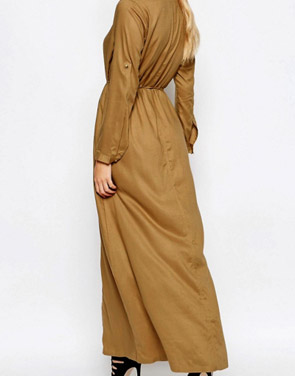 photo Casual Solid Long Sleeve Slit Belted Maxi Dress by OASAP, color Brown - Image 2