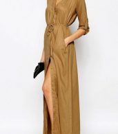 photo Casual Solid Long Sleeve Slit Belted Maxi Dress by OASAP, color Brown - Image 3