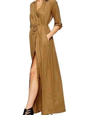 photo Casual Solid Long Sleeve Slit Belted Maxi Dress by OASAP, color Brown - Image 1