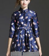 photo Chic Birds Print Stand Collar Dress by OASAP, color Deep Blue - Image 1