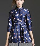 photo Chic Birds Print Stand Collar Dress by OASAP, color Deep Blue - Image 8