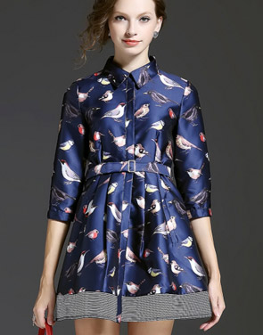 photo Chic Birds Print Stand Collar Dress by OASAP, color Deep Blue - Image 1