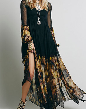 photo Chic Floral Printing Maxi Chiffon Dress by OASAP, color Black - Image 1