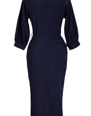 photo Chic Lantern Sleeve Belted Slim Fit Midi Dress by OASAP, color Deep Blue - Image 2