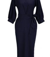 photo Chic Lantern Sleeve Belted Slim Fit Midi Dress by OASAP, color Deep Blue - Image 1
