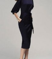 photo Chic Lantern Sleeve Belted Slim Fit Midi Dress by OASAP, color Deep Blue - Image 3