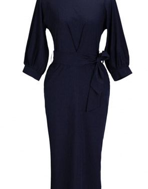 photo Chic Lantern Sleeve Belted Slim Fit Midi Dress by OASAP, color Deep Blue - Image 1