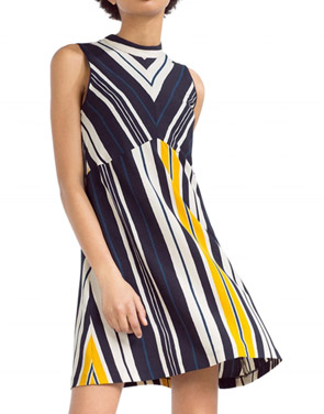 photo Color Block Striped Mock Neck Sleeveless A-line Dress by OASAP, color Multi - Image 1