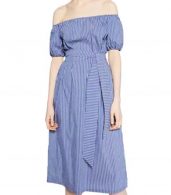 photo Color Block Striped Print Tie Waist Dress by OASAP, color Blue White - Image 1