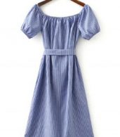 photo Color Block Striped Print Tie Waist Dress by OASAP, color Blue White - Image 4