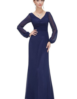 photo Dark Blue Double V-Neck Diamante Long Sleeve Evening Dress by OASAP, color Deep Blue - Image 1