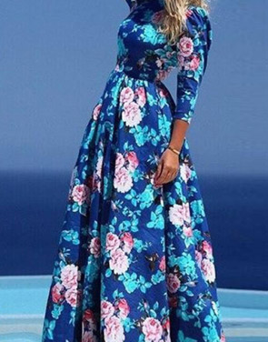 photo Dazzling Floral Print Pleated Maxi Dress by OASAP, color Blue - Image 2