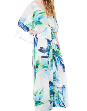 photo Deep V-Neck Cape Sleeve Print Slit Boho Maxi Dress by OASAP, color Multi - Image 2