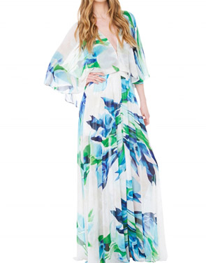 photo Deep V-Neck Cape Sleeve Print Slit Boho Maxi Dress by OASAP, color Multi - Image 1