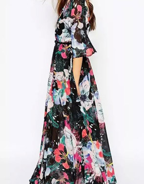 photo Deep V-Neck Half Sleeve Floral Print Beach Maxi Dress by OASAP, color Multi - Image 2