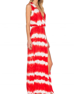 photo Deep V-Neck High Slit Printed Maxi Boho Dress by OASAP, color Red - Image 2