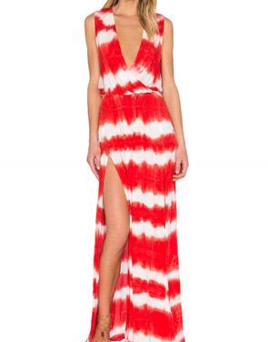 photo Deep V-Neck High Slit Printed Maxi Boho Dress by OASAP, color Red - Image 1