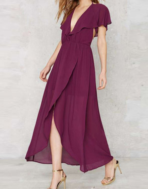 photo Deep V-Neck Ruffle Front Open Back Wrapped Maxi Dress by OASAP, color Burgundy - Image 2