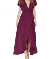 photo Deep V-Neck Ruffle Front Open Back Wrapped Maxi Dress by OASAP, color Burgundy - Image 1