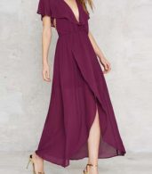 photo Deep V-Neck Ruffle Front Open Back Wrapped Maxi Dress by OASAP, color Burgundy - Image 3