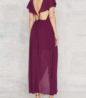 photo Deep V-Neck Ruffle Front Open Back Wrapped Maxi Dress by OASAP, color Burgundy - Image 4