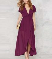 photo Deep V-Neck Ruffle Front Open Back Wrapped Maxi Dress by OASAP, color Burgundy - Image 7