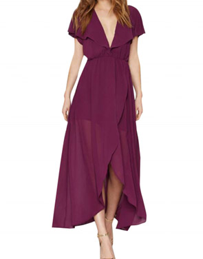 photo Deep V-Neck Ruffle Front Open Back Wrapped Maxi Dress by OASAP, color Burgundy - Image 1