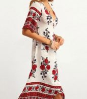 photo Deep V-Neck Short Sleeve Floral Print Summer Dress by OASAP, color Multi - Image 2