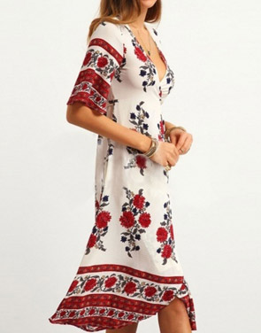 photo Deep V-Neck Short Sleeve Floral Print Summer Dress by OASAP, color Multi - Image 2