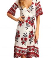 photo Deep V-Neck Short Sleeve Floral Print Summer Dress by OASAP, color Multi - Image 1