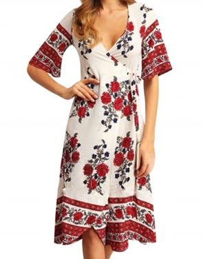 photo Deep V-Neck Short Sleeve Floral Print Summer Dress by OASAP, color Multi - Image 1