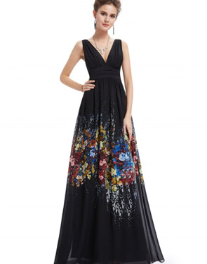 photo Double V-Neck Sleeveless Maxi Evening Bridesmaid Prom Dress by OASAP, color Black - Image 1