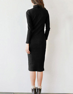 photo Elegant Black Mock Neck Ribbed Knit Bodycon Dress by OASAP, color Black - Image 2