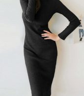 photo Elegant Black Mock Neck Ribbed Knit Bodycon Dress by OASAP, color Black - Image 1