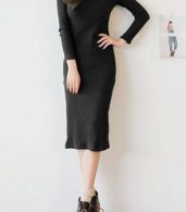 photo Elegant Black Mock Neck Ribbed Knit Bodycon Dress by OASAP, color Black - Image 4